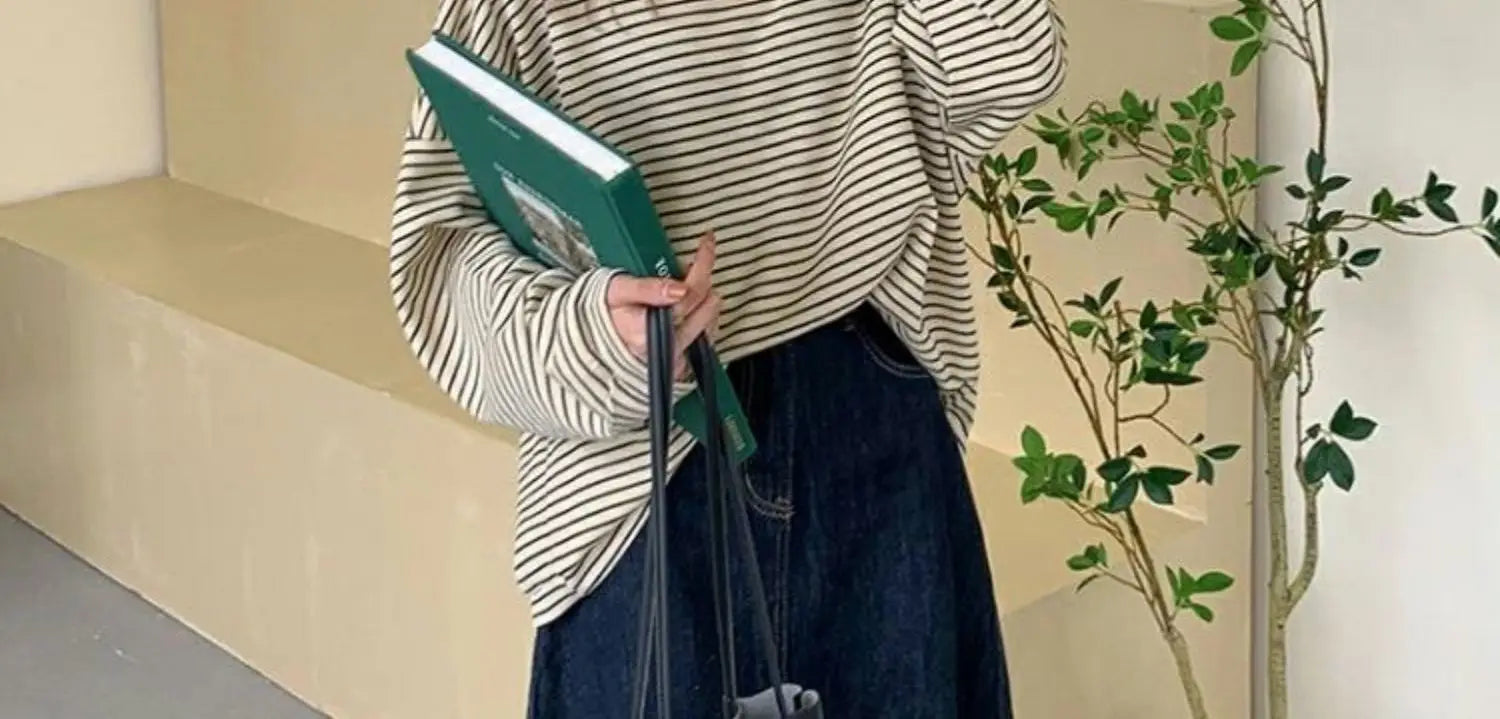 Hnewly  Coffee Stripes Cotton T-Shirts Women Loose Spring Autumn 2023 Lady Casual Full Sleeve O-Neck Chic All Match Tops