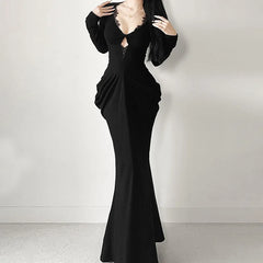 Hnewly  Elegant Lace Splicing Mermaid Dress Women Autumn V-neck Long Flare Sleeve Slim Bodycon Vestidos Vintage Chic Evening Party Robe