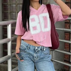 Hnewly Pink Digital Print T Shirt Streetwear y2k Loose Short Sleeve V-neck T-shirts Women Chic Hollow Out Holes Tees Casual Chic