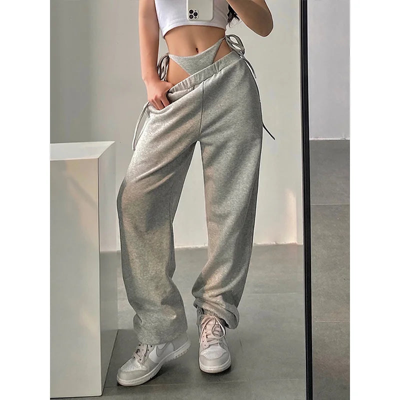 Hnewly European Retro Casual Style Solid Color High Waist Trend Women's Loose And Thin Harem Pants Fake Two-piece MJK8