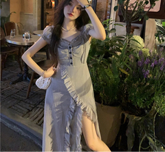 Hnewly Dress Women Sweet Streetwear Buttons Ruffles Irregular Pure Square Collar Tender Temper Fashion Autumn Ulzzang Literary Unique