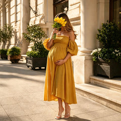 Hnewly  Soft Gauze Cotton Maternity Gown Off Shoulder Elastic Top With Bubble Sleeves Dress Breathable Flowly for Pregnancy Photos