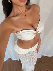 Hnewly  Starfish Metal Women 2 Piece Set Summer Vacation Beach Jacquard Strapless Tops+Skirt Elegant Matching Clubwear Suit