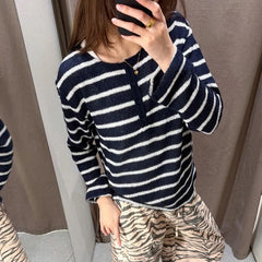 Hnewly  Women's Navy White Striped Knit Top, 4-Button Placket Round Neck Long Sleeve Sweater, Casual Rolled Hem Crew Neck Blouse