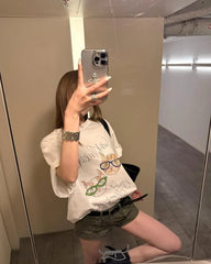 Hnewly  Women T Shirts Vintage Cartoon Cat Printed Short Sleeve Loose Summer Fashion Funny Tops Female Casual Tshirt