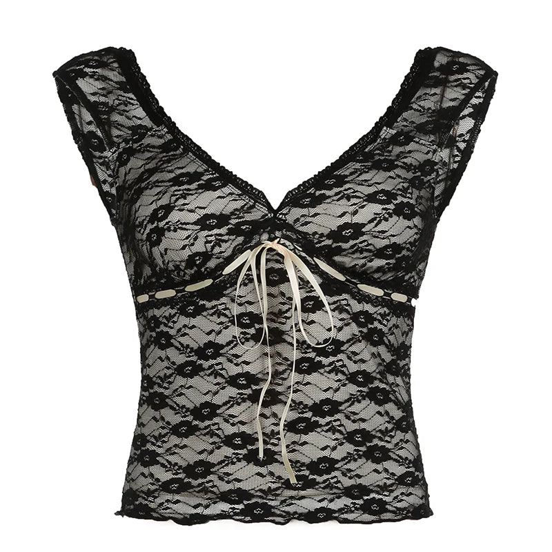 Hnewly Streetwear Fashion Sexy Blac Lace T shirt Female Tie-Up Bow Skinny Crop Top Hot Sale Y2K 2000s Aesthetic Tee Outfits
