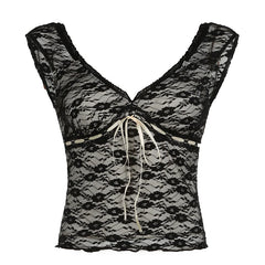 Hnewly Streetwear Fashion Sexy Blac Lace T shirt Female Tie-Up Bow Skinny Crop Top Hot Sale Y2K 2000s Aesthetic Tee Outfits