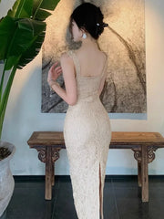 Hnewly  Women Dress Lace Patchwork Sleeveless Slim Split V Neck Summer Fashion Sexy Elegant Temperament Party Dresses Female