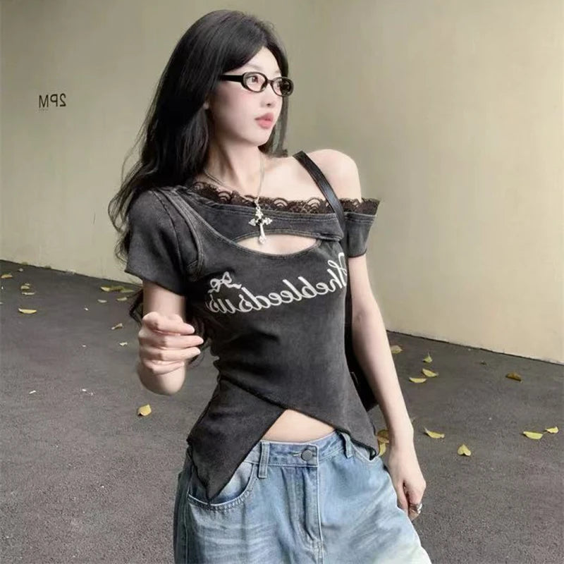 Hnewly Korean Chic Letter Print Women T Shirt Y2K Sexy Hot Girl Hollow Out Slim Crop Tops Summer Lace Patchwork Casual Tees Female
