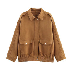 Hnewly  Vintage Women's  Trucker Jackets Solid Lapel Long Sleeves Zipper Pockets Coats Female Autumn Fashion Lady Street Outwears