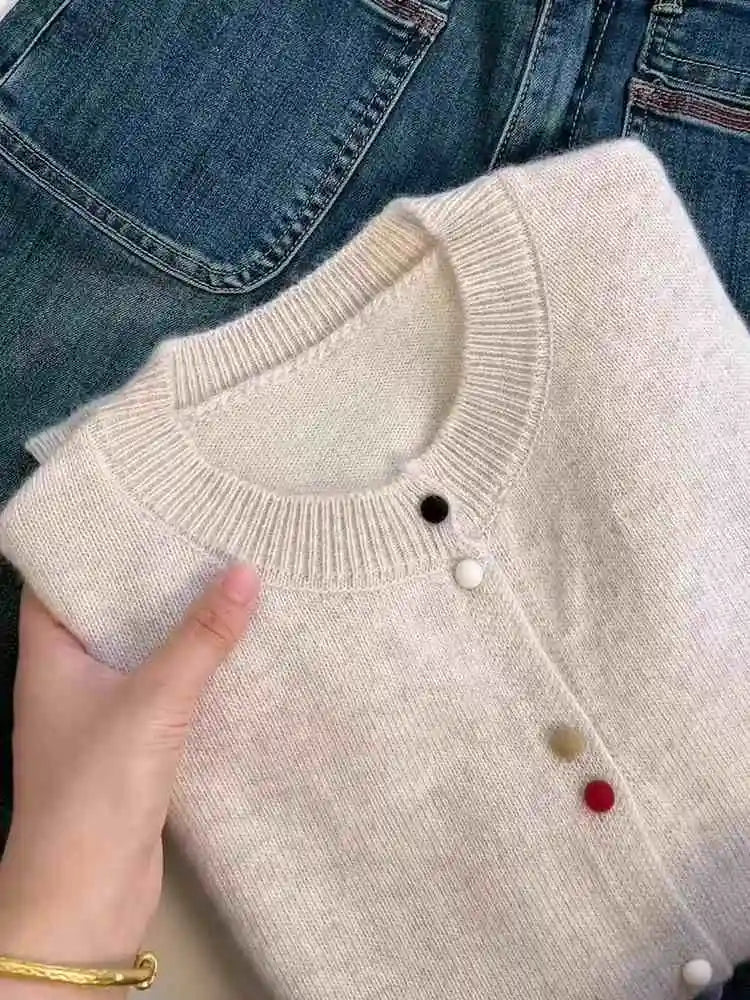 Hnewly  Solid Single Breasted Sweater Women New Autumn  Winter O-neck Loose Basic Top Elegant Long Sleeved Knitted Cardigan Jacket