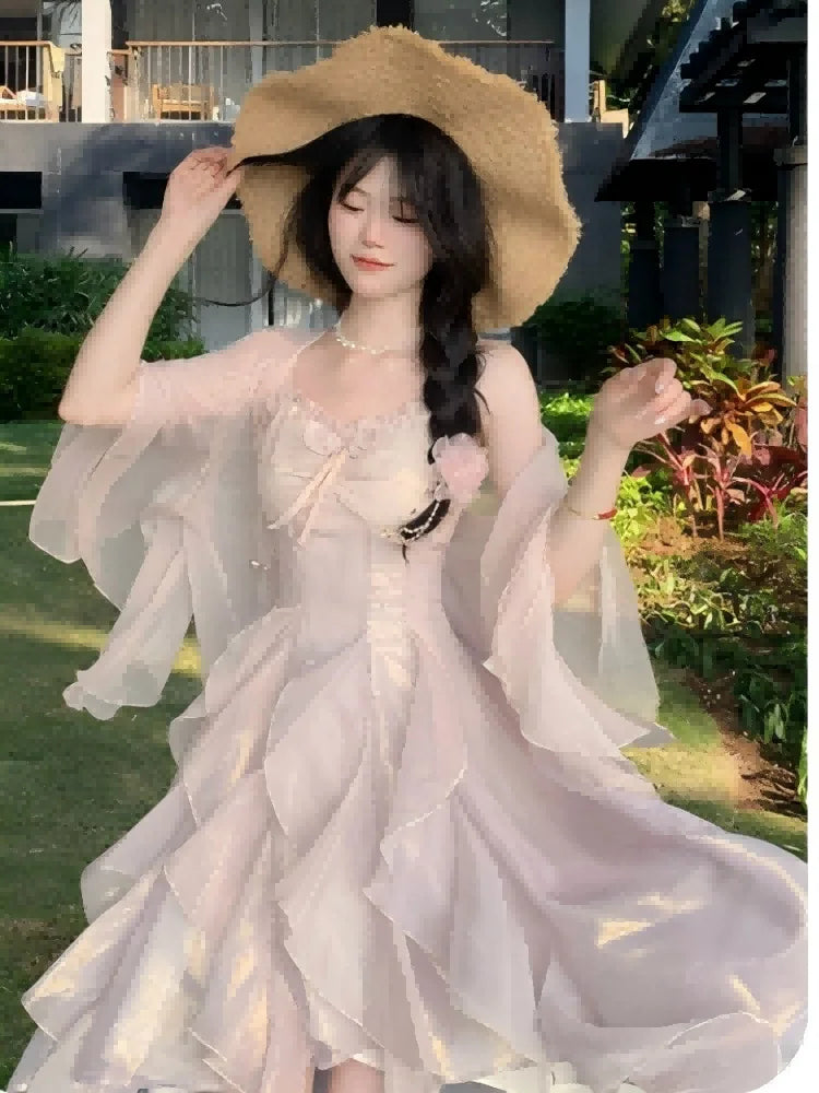 Hnewly Women Trendy Two Ruffle Asymmetrical Fairy Sweet Dresses Sexy V Neck Spaghetti Strap Chic Party Dress Korean Sweet Summer New