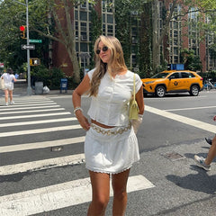 Hnewly  Casual Ruched Shirt Skirt Sets Women O-neck Short Sleeve Crop Blouses Spliced A-line Skirts Summer Lady Vacation Outfits