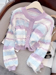 Hnewly Striped Fashion Tassel Sweater Women's Autumn Single Breasted  O-Neck New Short Knitted Cardigan Long Sleeve Top