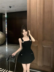 Hnewly  Woman Dress Sleeveless Square Collar Slim Elegant Vintage Temperament Summer Fashion Mini Dresses Female Party Sexy