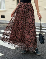 Hnewly  Women's Casual Fashion Maxi Skirt Leopard Print Detail with Sheer Chiffon and Flowy Fit Suitable for Daily and Street Wear