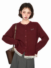 Hnewly Lace Patchwork Retro Cardigan Women Streetwear Long Sleeve O Neck Knitted Sweaters American Casual Letter Vintage Fall Tops
