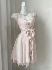 Hnewly  Y2k Aesthetic Fairy Sweet Bow Women Dress Summer Puff Sleeve A-Line Harajuku Dresses Solid Color Grunge Ruffled Vestidos