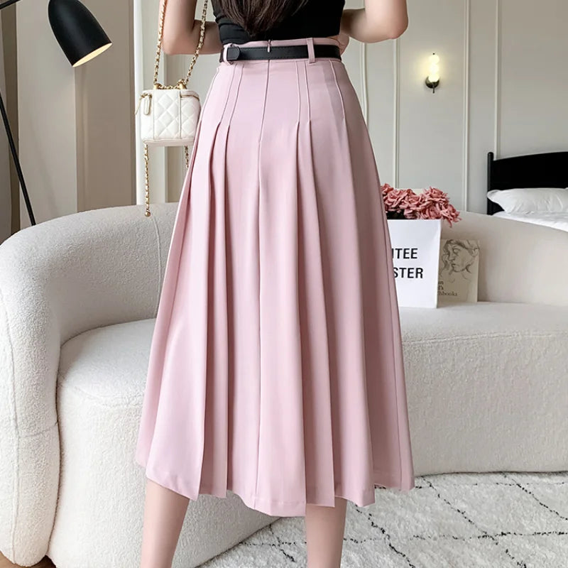 Hnewly Spring Summer High Waist Midi Pleated Skirts Womens Fashion A-line Casual Suit Skirt Ladies Elegant Vintage Umbrella Skirt