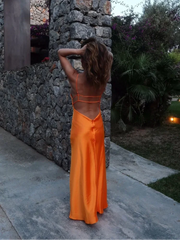 Lunivop  Orange Satin Lace Up Sling Long Dresses Women Fashion V Neck Backless Sleeveless Maxi Robe Summer Female Evening Party Club Gown