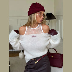 Hnewly  Sexy Women's Pullover Lace Patchwork Knitted Solid Off-Shoulder Female Pullovers Autumn Cozy Loose Fashion Chic Lady Tops