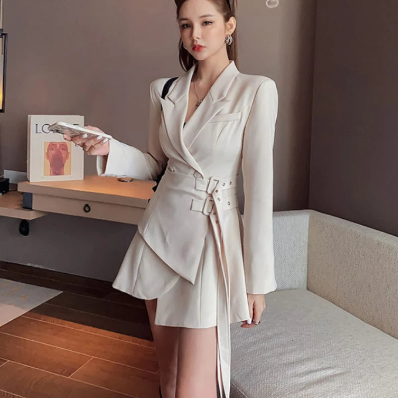 Hnewly Korean Edition Black Mini Party Suit Dress Women's One Piece Office Elegant Dress Fashion Belt Design Long Sleeve Dress
