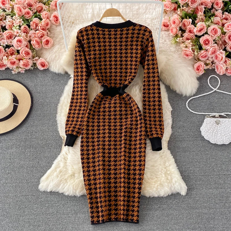 Hnewly  V-neck Sweater Dress Autumn New Versatile Slim Knitted Dresses Elegant Single Breasted High Waisted A-line Gown