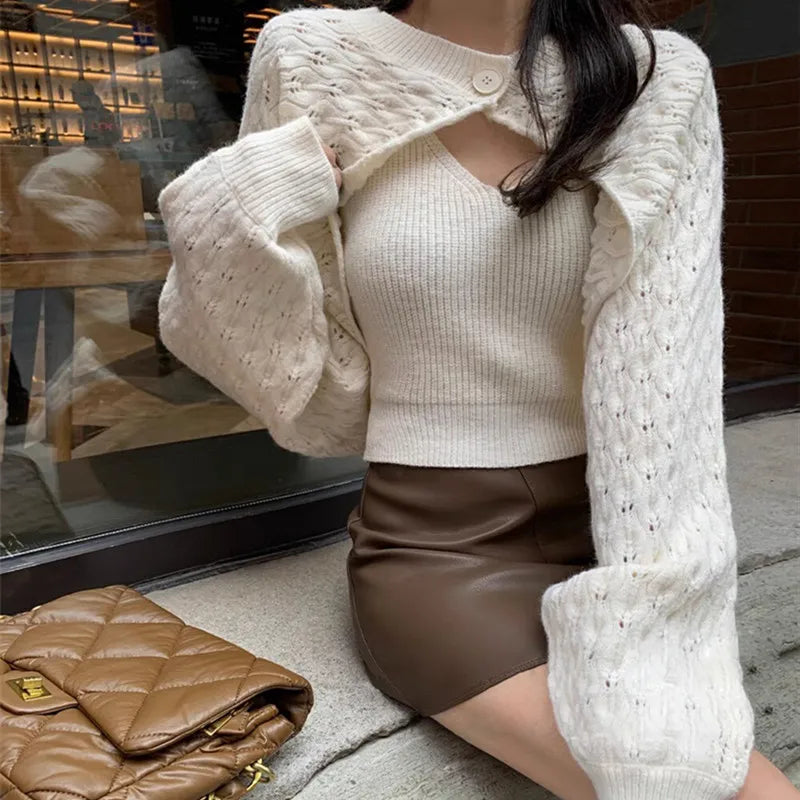 Hnewly  Women's Knitted Shrug Cardigan with Vest Cami Top One button front Crop Bolero Tops Teen-girl Autumn Winter Y2K 90s Outfit