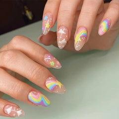 Hnewly 24Pcs Y2K Press on Nails Diamond Star Love Designs Almond False Nails Artificial Butterfly Fingernail Full Cover Fake Nail Tips