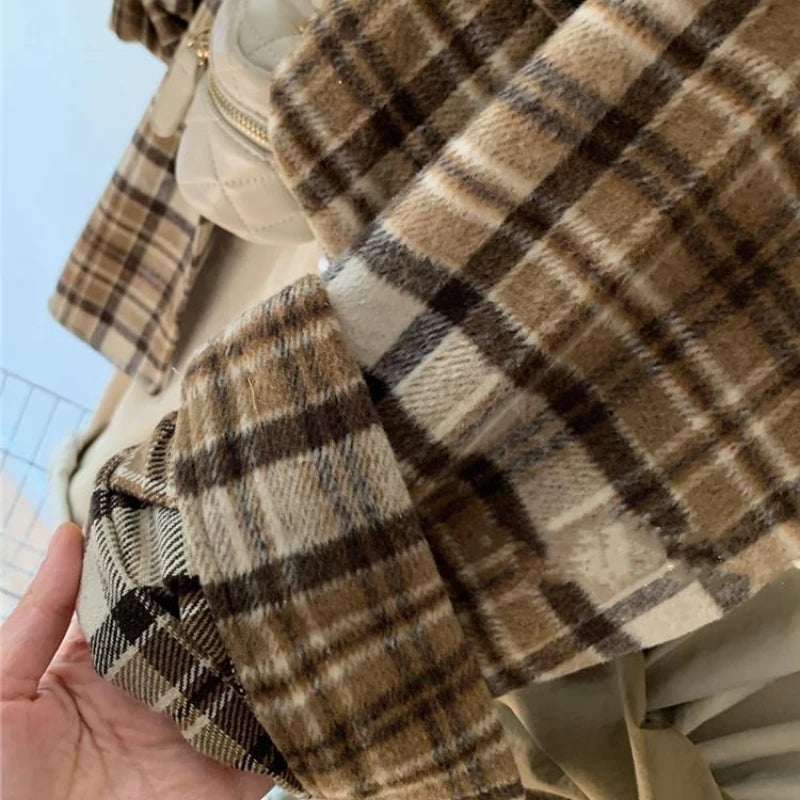 Hnewly Plaid Woolen Shirts Women Tops Vintage Baggy Casual Outwear Fashion Korean Style Pockets All-match Chic Lapel Camisas De Mujer