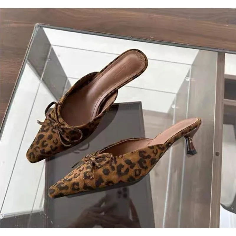 Hnewly Women Baotou High Heel Half Slippers French Bow Sexy Commuter Pointed Shallow Mouler Shoes Stripper Mules Shoes High Heel Shoes