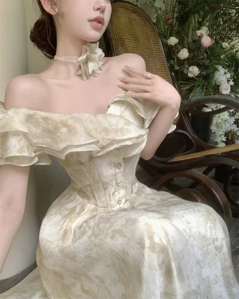 Hnewly French Vintage White Strapless Midi Dresses for Women 2024 Summer New Elegant Party Sleeveless Slim Evening Prom Female Clothing