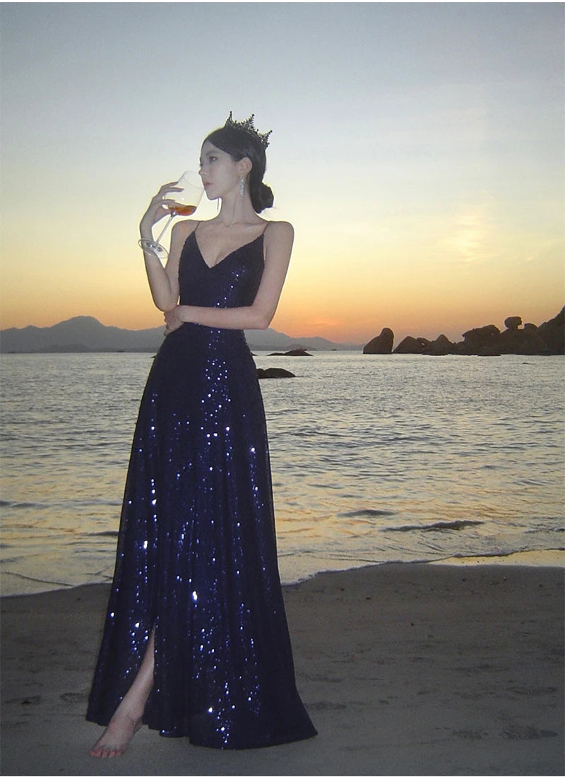 Hnewly Elegant Sequin Backless V-neck Split Dress Women Autumn Sexy Slim Evening Gown A-line Bandage Fashion Birthday Party Luxury Robe