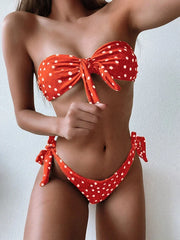 Hnewly  Ribbed Knotted Polka Dot Bikini Women Strapless Bandeau Swimsuit Female Swimwear Two Pieces Bikini Set Bathing Suit Swim
