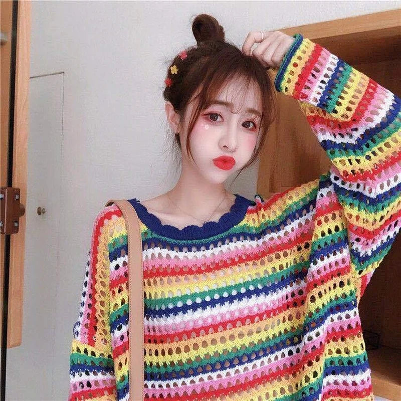 Hnewly Rainbow Ladies Sweater Kawaii Tops with Headings Harajuku Crochet Knitted Sweaters for Women Cute Cashmere Autumn Trend New