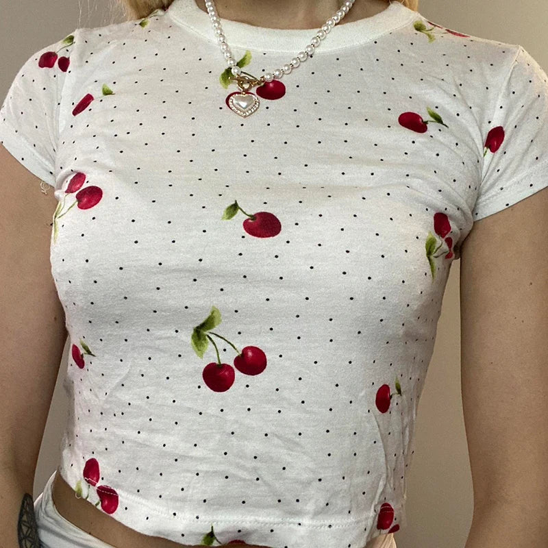 Hnewly Cute Print Short Sleeve Skinny T-shirt Women Casual O Neck Sweet White Cropped Tops Y2k Aesthetic Harajuku Summer T-shirt