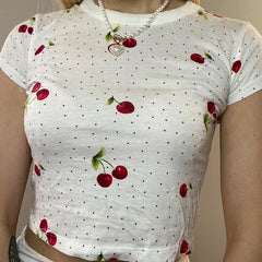 Hnewly Cute Print Short Sleeve Skinny T-shirt Women Casual O Neck Sweet White Cropped Tops Y2k Aesthetic Harajuku Summer T-shirt