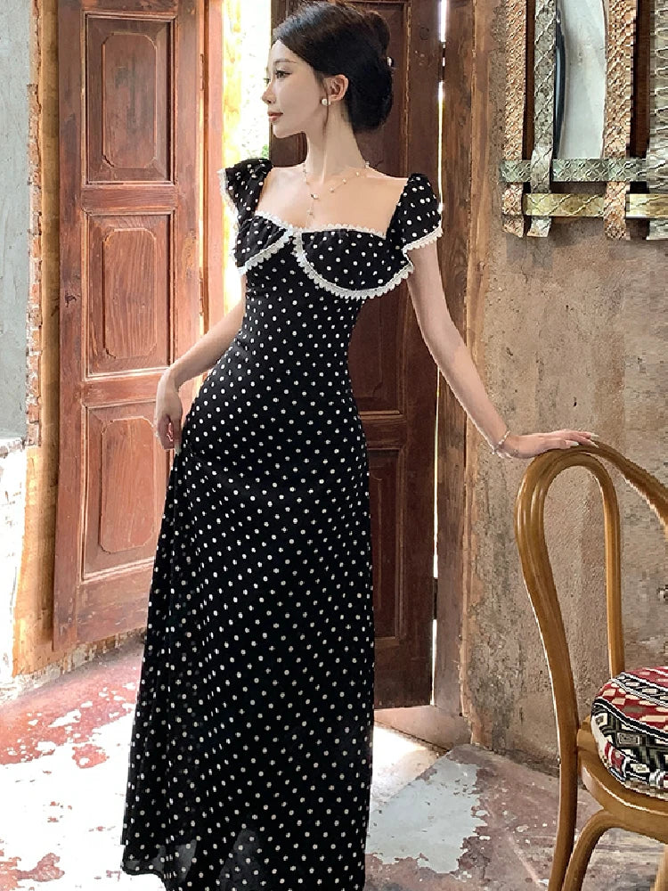 Hnewly  Woman Dress Vintage Sexy Polka Dot Ruffles Elegant Backless French Style Summer Fashion Sweet Party Dresses Female