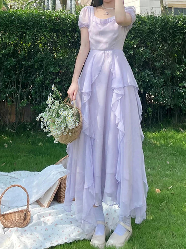 Hnewly  New Vintage Fairy Chiffon Long Dress Women White Elegant French Party Midi Dress Puff Sleeve Casual Women's Clothing