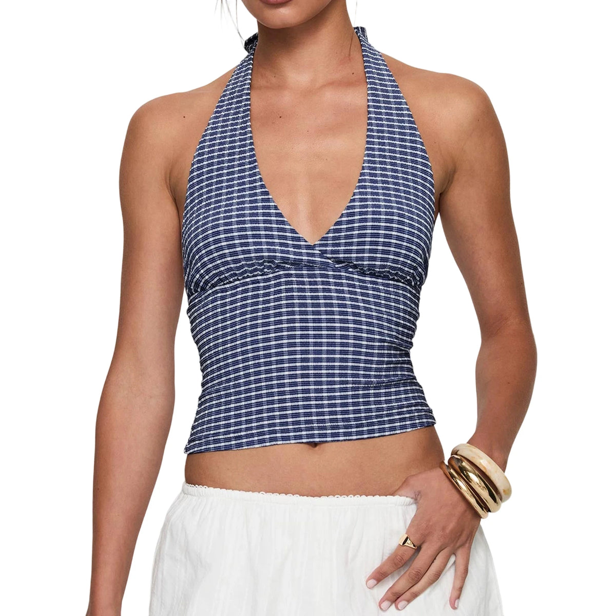 Hnewly y2k Tank Top Women's Summer Clothing Plaid Print Sleeveless Open Back Halter Neck Vest 2000s T Shirt Party Clothes