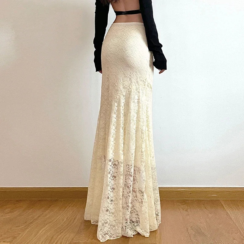 Hnewly Y2K Vintage Lace Long Skirt Women Aesthetic Fairy Stylish High Street Maxi Skirts 2024 Summer Outfits Sexy Ladies Beach Style