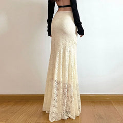 Hnewly Y2K Vintage Lace Long Skirt Women Aesthetic Fairy Stylish High Street Maxi Skirts 2024 Summer Outfits Sexy Ladies Beach Style