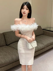 Hnewly  Woman Dress Petal Patchwork Off Shoulder Slim Stretch Backless Sweet Sexy Elegant Knitted Dresses Female Fashion Party