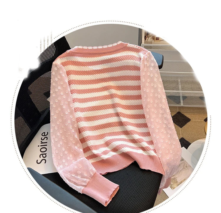 Hnewly  Striped knitted Sweater For Women's Spring Autumn French Elegant Round Neck Long Sleeved Patchwork Chiffon Loose All-Matched Top