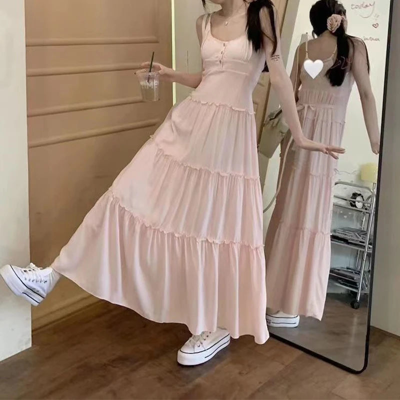 Hnewly  Pink Cute Midi Dresse Sweet Ruffle Casual Elegant Chic Beach Long Spaghetti Strap Button Holiday Gentle Dress Fairycore
