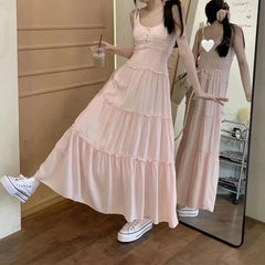 Hnewly  Pink Cute Midi Dresse Sweet Ruffle Casual Elegant Chic Beach Long Spaghetti Strap Button Holiday Gentle Dress Fairycore