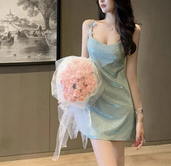 Hnewly  Mini Dresses Women Butterfly Sleeveless Slash Neck Backless Bandage Slim Elegant Party Temperament Dress Female Fashion