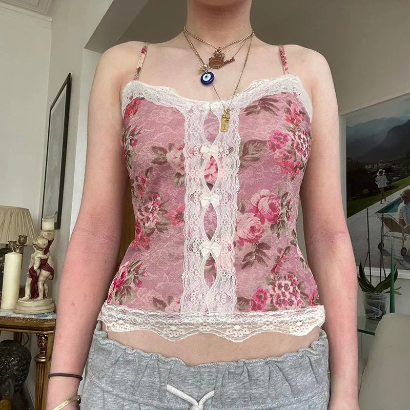 Hnewly y2k Tops Women Coquette Clothing Floral Print V Neck Spaghetti Strap Sleeveless Camisole Vest 2000s Clothes Streetwear