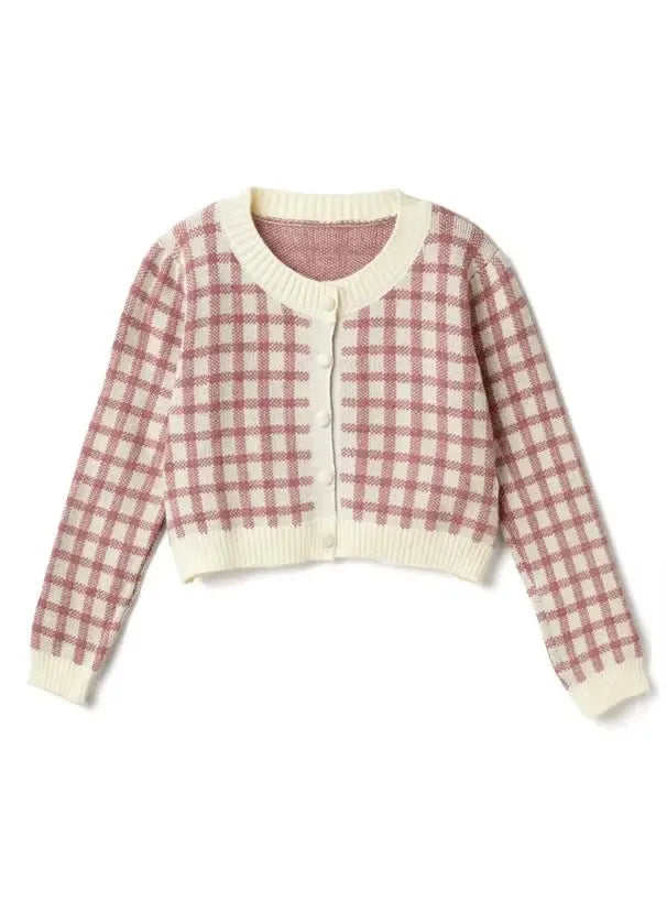 Hnewly  Women Checkerboard Crop Knit Cardigan Sweater Long Sleeve Button-up Box-fit Plaid Knit Top Teenage Girls Outfit
