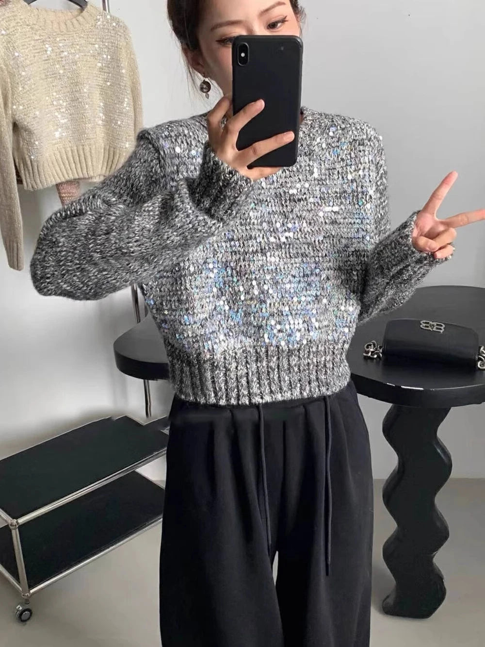 Hnewly  Fashion Sequin Short Sweater for Women's Spring Autumn New Soft Knitted Top Pullover Casual Round Neck Loose All-matched Top